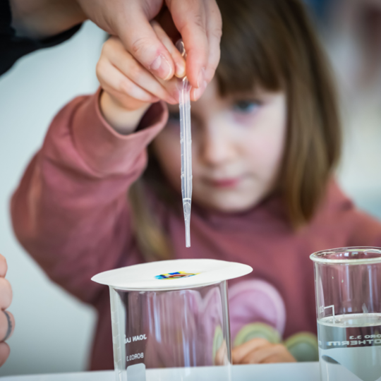 Experimentierszene mit zwei Glasbechern, einer mit Wasser ge