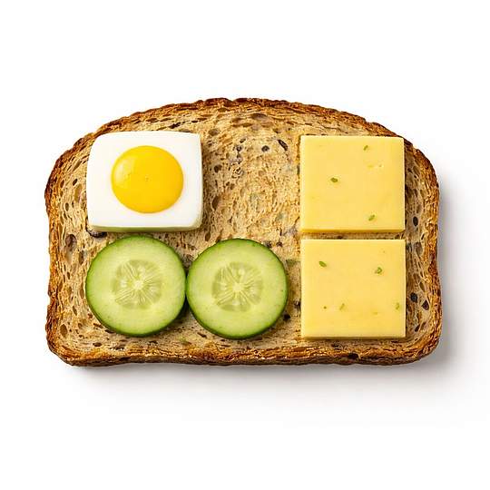Ein Brot mit EI, Gurke und Käse belegt. Die Zutaten sind neb