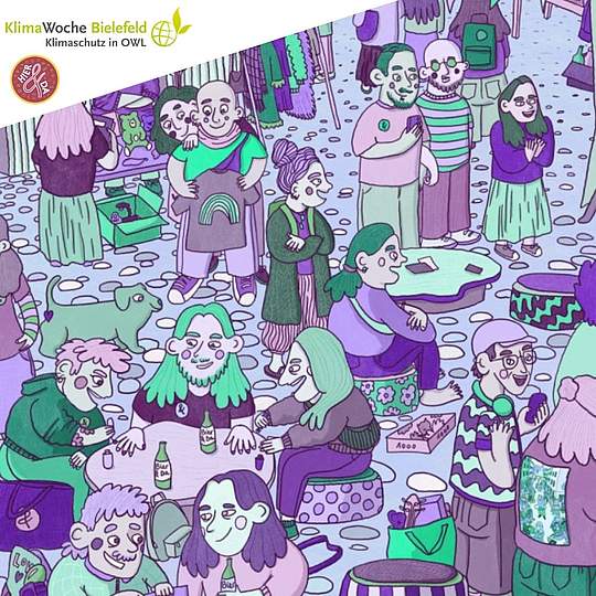 Ein Comic-Bild zeigt einen Flohmarkt mit Personen.